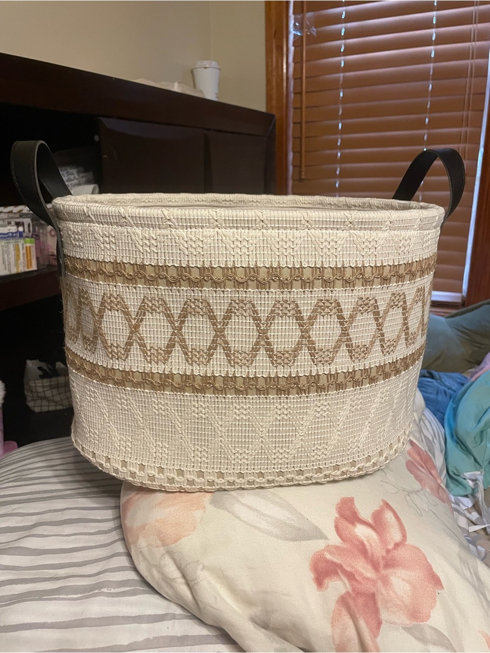 Woven Decorative Storage Basket with Brown Pattern and Black Handles